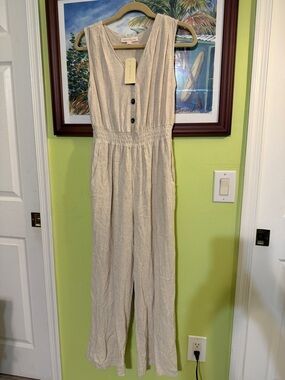 Sleeveless Cream Linen Blend Jumpsuit with Button Front